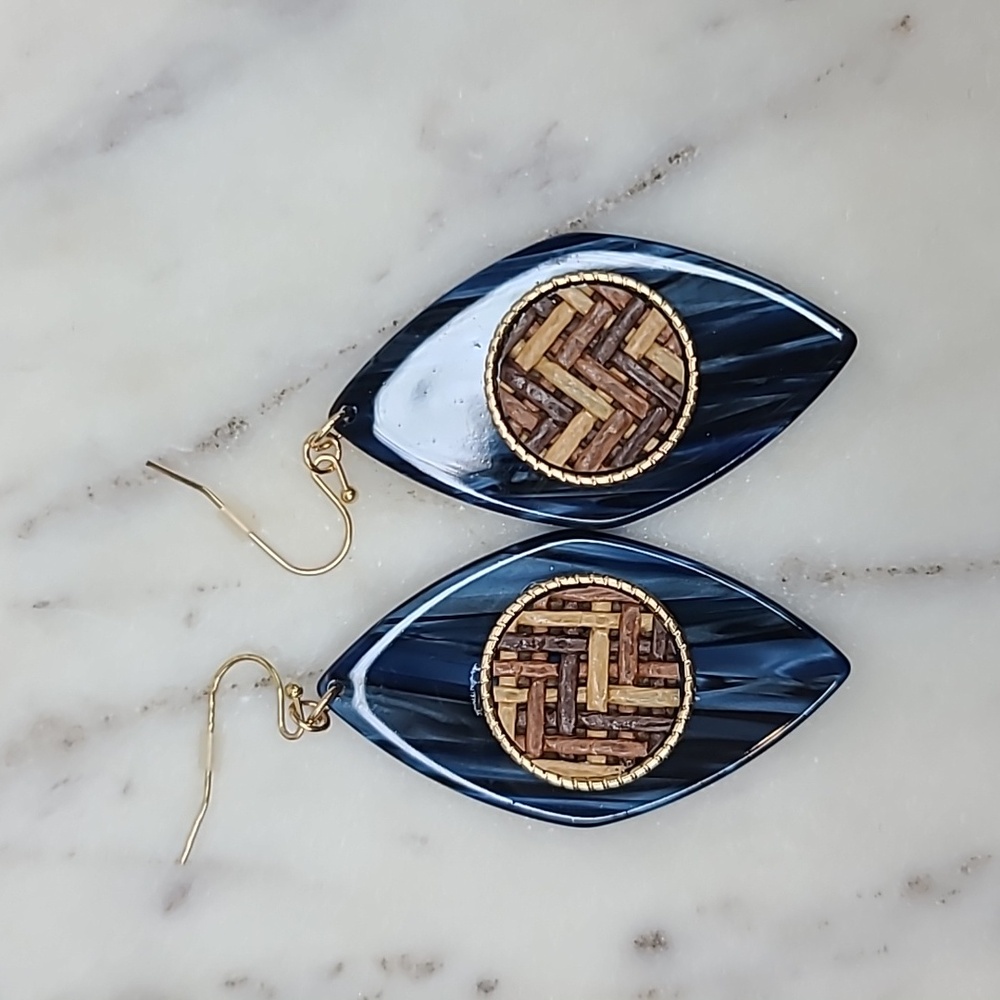 Versona Teardrop Dangle Lapis Lazuli Resin w/Woven Brown Wicker Accent Earrings